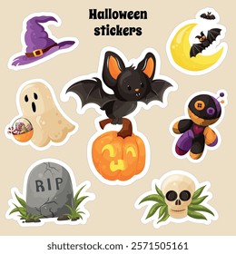 Cartoon halloween stickers with evil pumpkins, bats, ghosts, witches, voodoo. Vector illustration