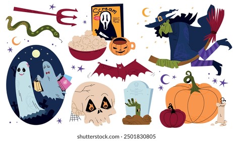 Pegatinas de Halloween de dibujos animados en estilo groovy. Bruja, personaje fantasma, zombi, calavera, calabaza. Elementos de Vector de Halloween retro de Antiguas