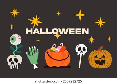 Cartoon halloween stickers. Happy Halloween vector flat banner in retro style. Spooky season illustration on a black and purple background with inscription