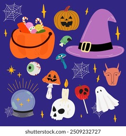 Cartoon halloween stickers. Happy Halloween vector flat banner in retro style. Spooky season illustration on a black and purple background with inscription