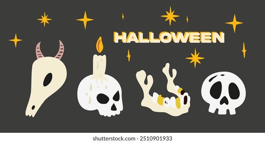 Pegatinas de Halloween de dibujos animados. Feliz Anuncio plano de Vector de Halloween en estilo retro. Espeluznante ilustración de temporada sobre un fondo negro con inscripción. Diferentes tipos de cráneo y mandíbula