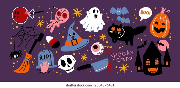 Cartoon halloween stickers magic and witchcraft. 90s wild magic design. Vintage labels: skull, cards, witch hat, grave, eye, potion. Scary patches set 