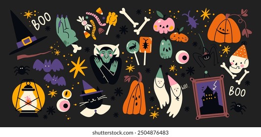 Pegatinas de Halloween de dibujos animados de magia y brujería. Diseño de magia salvaje de los años 90. Etiquetas de Antiguas: cráneo, tarjetas, sombrero de bruja, tumba, ojo, poción. Conjunto de parches de miedo 