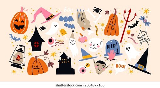 Cartoon halloween stickers magic and witchcraft. 90s wild magic design. Vintage labels: skull, cards, witch hat, grave, eye, potion. Scary patches set 