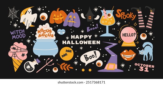 Cartoon halloween stickers magic and witchcraft. 90s wild magic design. Vintage labels: skull, cards, witch hat, grave, eye, potion. Scary patches set