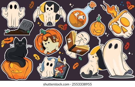 Cartoon halloween adesivos magia e bruxaria. Coleção assustadora com fantasmas, crânio, zumbi, túmulo, abóbora, gato, poção. Patches assustadores definidos