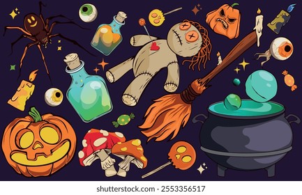 Pegatinas de Halloween de dibujos animados de magia y brujería. Colección de miedo con caramelos, araña, muñeca, ojo, linterna de calabaza, сcaldero, poción. Conjunto de parches de miedo