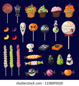 Cartoon halloween sweets on navy blue background. Halloween decoration set. Vector illustration