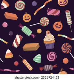Cartoon Halloween sweets seamless pattern in soft colors. Colorful Halloween candies. Many types of spooky desserts. Hand drawn delicious sweets.