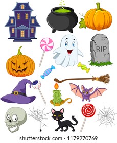 Cartoon halloween symbols collection set