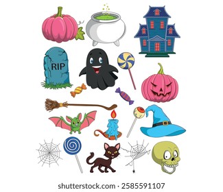 Cartoon halloween symbols collection set vector illustration