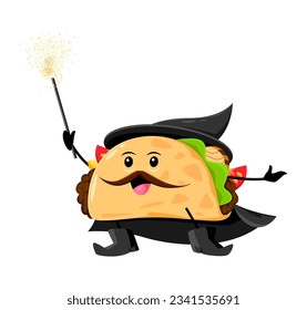 Cartoon Halloween taco tex mex food wizard and mage character. Isolated vector snack whimsical personage blending mexican cuisine with magic for a delightful and enchanting culinary experience