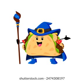 Cartoon Halloween tacos fast food mage, wizard and witch character. Happy vector mexican meal necromancer with magic staff, funny magician in hat casting spell. Funny tex mex snack sorcerer personage