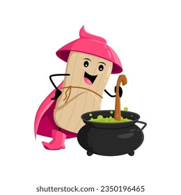 Cartoon Halloween tamales tex mex food wizard and mage character. Isolated vector warlock or witch personage concocts magical brew in a bubbling cauldron, infusing enchantments creating culinary spell