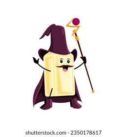 Cartoon Halloween tequila wizard and mage character. Isolated vector mystical bottle personage wear witch hat and cape, enchanting magical concoctions and casting spells. Mustached wiz flask