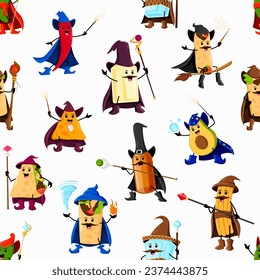 Cartoon Halloween tex mex food wizard characters pattern. Vector tile with red chili pepper, tequila, mezcal and pulque bottles. Burrito, quesadilla, churros or avocado with enchiladas or chimichanga svg