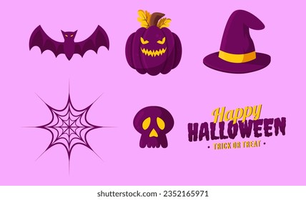 cartoon halloween theme vector illustration, pumpkin, witch hat, bat.