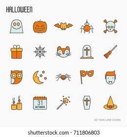 Cartoon Halloween thin line icons set: vampire, bat, pumpkin. Vector illustration for invitation card, party announcement. 