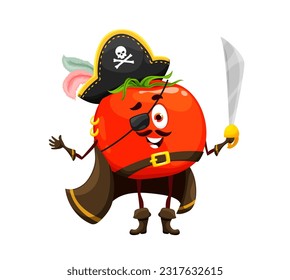 Cartoon Halloween tomato pirate character. Vector ripe vegetable corsair, comic cheerful plant sea dog wear fete filibuster captain clothing, eye patch, buccaneer cocked hat and cape and hold saber