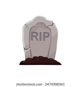 Cartoon Halloween tomb emoji with rip inscription. Isolated vector cemetery memorial, cracked gravestone, mausoleum, ancient tombstone. Horror gothic grave stone sets a chilling spooky atmosphere