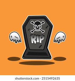 Cartoon Halloween Grabstein mit Totenkopf und Kreuzknochen, 'RIP' Text und schwebenden Geisterillustrationen auf orangefarbenem Hintergrund. Perfekt für gespenstische, festliche Designs, Einladungen oder Halloween-Proje