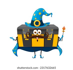 Cartoon Halloween tool box wizard character wear pointed hat, cloak, wielding mystical wand. Isolated vector fantasy personage, container for diy instruments attired in warlock robe and conical cap