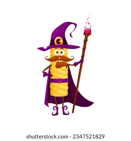 Cartoon Halloween tortiglioni pasta mage character. Italian cuisine meal mage, magician or warlock happy vector character. Pasta wizard comical mascot or tortiglioni childish personage with staff