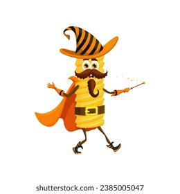 Cartoon Halloween tortiglioni pasta sorcerer character. Tasty Italian pasta isolated vector mage cute personage with magic wand. Italian restaurant noodle wizard comical mascot or warlock character