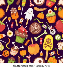 Cartoon halloween treats, candies and sweets seamless pattern. Spooky eye lollipop, ghost cookie, caramel apple. October holiday vector texture. Horror cupcakes and ice cream for celebration