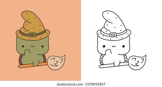 Cartoon Halloween Turtle Clipart for Coloring Page and Illustration. Happy Clip Art Halloween Tortoise. Cute Vector Illustration of Halloween Kawaii Animal in Witch Costume. 