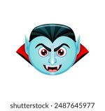 Cartoon Halloween vampire emoji character. Vector pale ghoul evil face emoticon with fangs and cape collar, ready for holiday fun. Cute and spooky count Dracula, bloodsucker emotion for festive chats