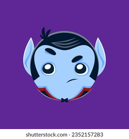 Cartoon Halloween vampire emoji character. Playful vector face emoticon with mischievous expression and pale complexion, wearing a cape and bowtie, capture the spooky yet fun essence of the holiday