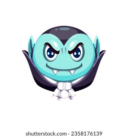 Caricatura de Halloween personaje emoticono vampiro. Playful vector pale ghoul cara emoticono con colmillos y capa, listo para divertirse de vacaciones. Cuto y espeluznante cuenta Drácula, emoción de chupar sangre para charlas festivas