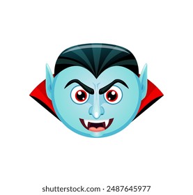 Caricatura de Halloween vampiro emoticono personaje. Vector emoticono de cara malvada de ghoul pálido con colmillos y cuello de capa, listo para la diversión de las vacaciones. Lindo y espeluznante conde Drácula, emoción chupasangre para charlas festivas