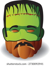 Un Vector de Halloween de dibujos animados que presenta al monstruo de Frankenstein con una cabeza verde y cosida y cabello negro que emerge de una linterna de jack-o' naranja. Perfecto para decoraciones espeluznantes, suministros para fiestas y diseños temáticos de Halloween.