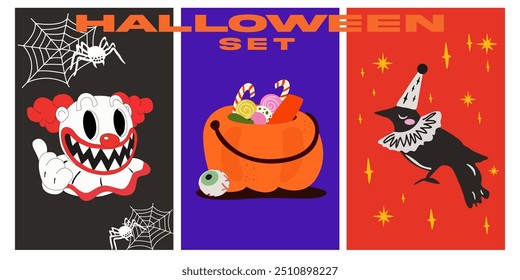 Cartoon Halloween vector flat banner in retro style. Spooky season illustration with inscription. Collection of vertical Halloween posters