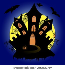Cartoon Halloween vector landscape. Night, castle, moon, bats, cat, raven, pumpkin, spider, web, lantern.