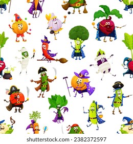 Cartoon Halloween vegetable characters seamless pattern. Wrapping paper print vector pattern with garlic fairy, broccoli sorcerer, beet mage, cucumber and tomato pirate, eggplant zombie cute personage