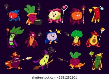 Cartoon halloween vegetable wizard, witch and mage characters. Vector tomato, radish, cauliflower and pumpkin. Red chili pepper, spinach, carrot and garlic with broccoli or avocado, squash and beet