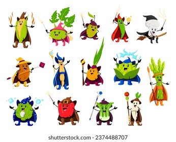 Cartoon Halloween vegetable wizards, mages and sorcerer characters. Vector corn, kohlrabi, olive and green pea. Champignon, potato, soy bean and onion. Cauliflower, asparagus or daikon with artichoke