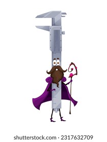 Cartoon Halloween vernier caliper tool wizard character. Isolated vector warlock construction measurement instrument dressed in Hallowmas attire with playful face expression holding magic wiz staff