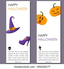 Cartoon Halloween vertical banner set with switch hat, shoes, scull, pumpkin, spooky tree. Happy halloween card. Vector illustration.