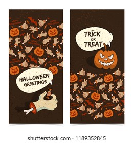 Cartoon Halloween vertical banners with zombie arm creepy pumpkin and icons background vector illustration