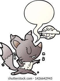 cartoon halloween werewolf changing in moonlight with speech bubble in smooth gradient style
