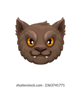 Cartoon halloween werewolf emoji. Isolated vector sinister wolf head with sharp fangs, brown fur and yellow eyes, symbolizing transformation and the supernatural power, for Halloween-themed messages