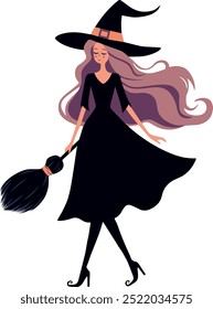 Cartoon Halloween Witch with Broom in Black Dress and Hat