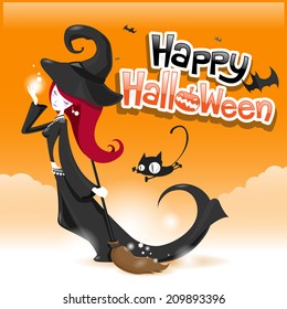 Cartoon Halloween Witch With Cat - vector illustration