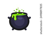 Cartoon Halloween witch cauldron emoji, magic pot with green potion. Vector steel boiler with boiling magic brew or steaming goo. Isolated evil item for wizard, sorceress or mage, kettle with poison