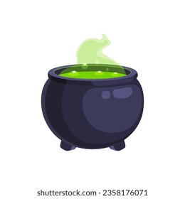 Cartoon Halloween witch cauldron with green brew. Isolated vector mystical pot simmers, brimming with ominous bubbling liquid concoction, emitting an eerie otherworldly glow, mystic potent properties