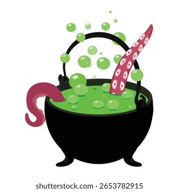 Cartoon Halloween caldeirão bruxa, poção verde com tentáculo em pote mágico. Caldeira de aço com fervura de cerveja ou vapor goo. Poção borbulhante. Para feiticeiro, feiticeira ou mago, chaleira 